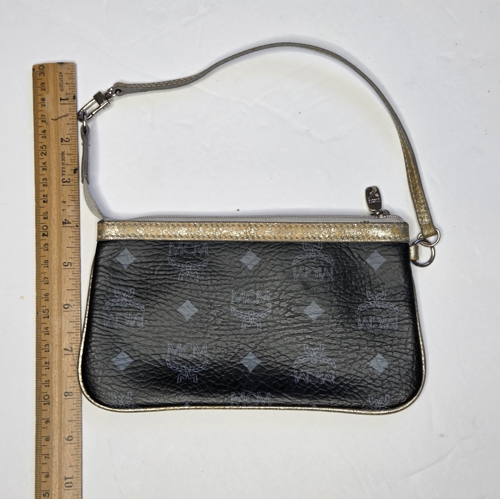 MCM Authentic Black Monogram Leather Wristlet Clutch with Gold Trim - Picture 6 of 12